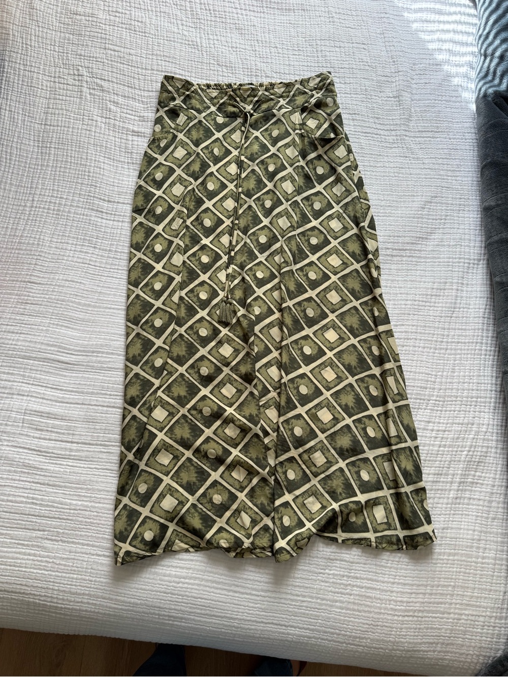 Olive Geometric Maxi Skirt with Drawstring Waist